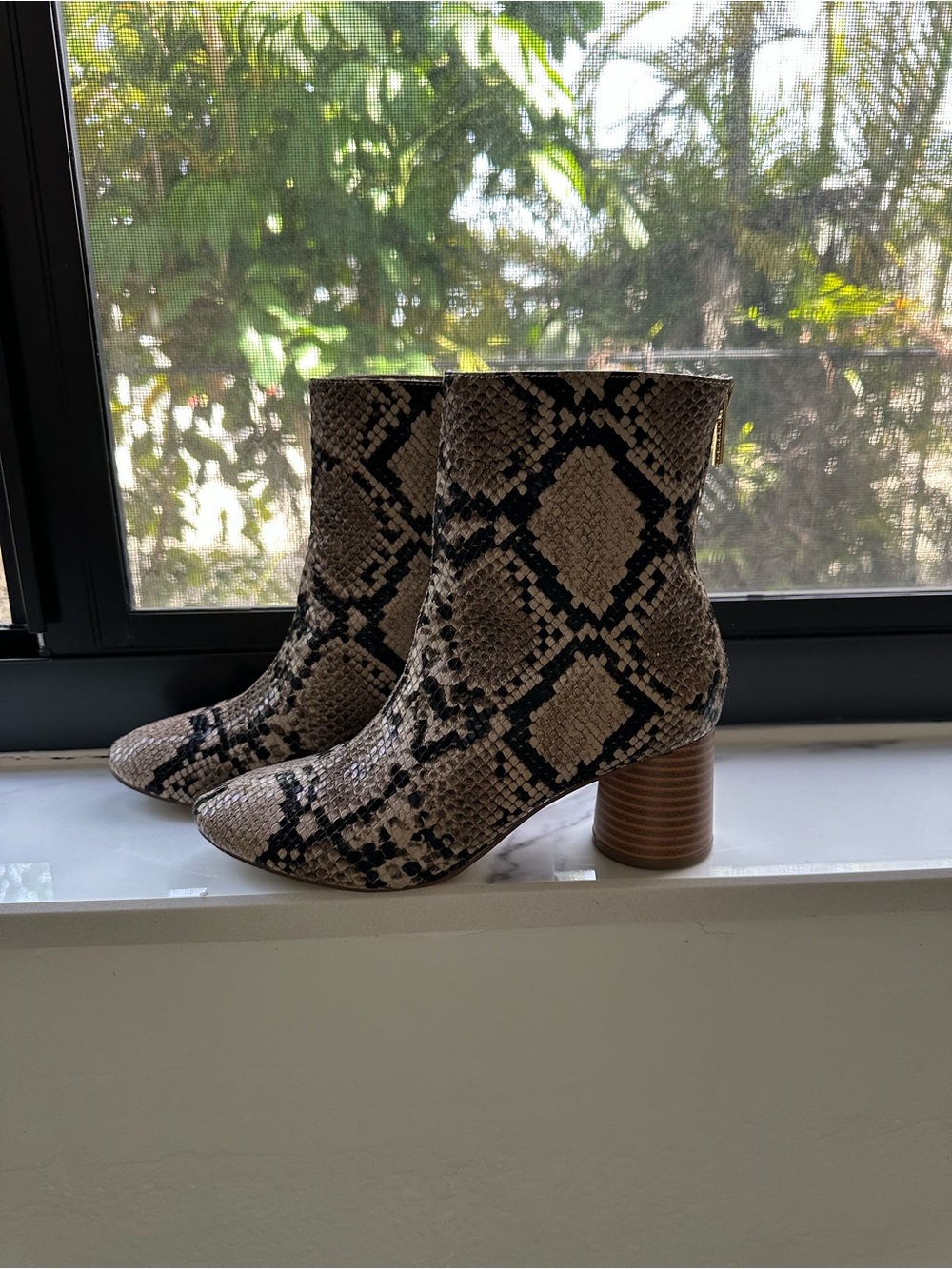 Shoe Dazzle Taupe and Black Snake-Print Ankle Boots - Picture 1 of 9